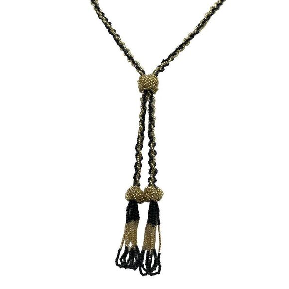 Vintage long seed bead flapper style black n gold necklace - Picture 4 of 11